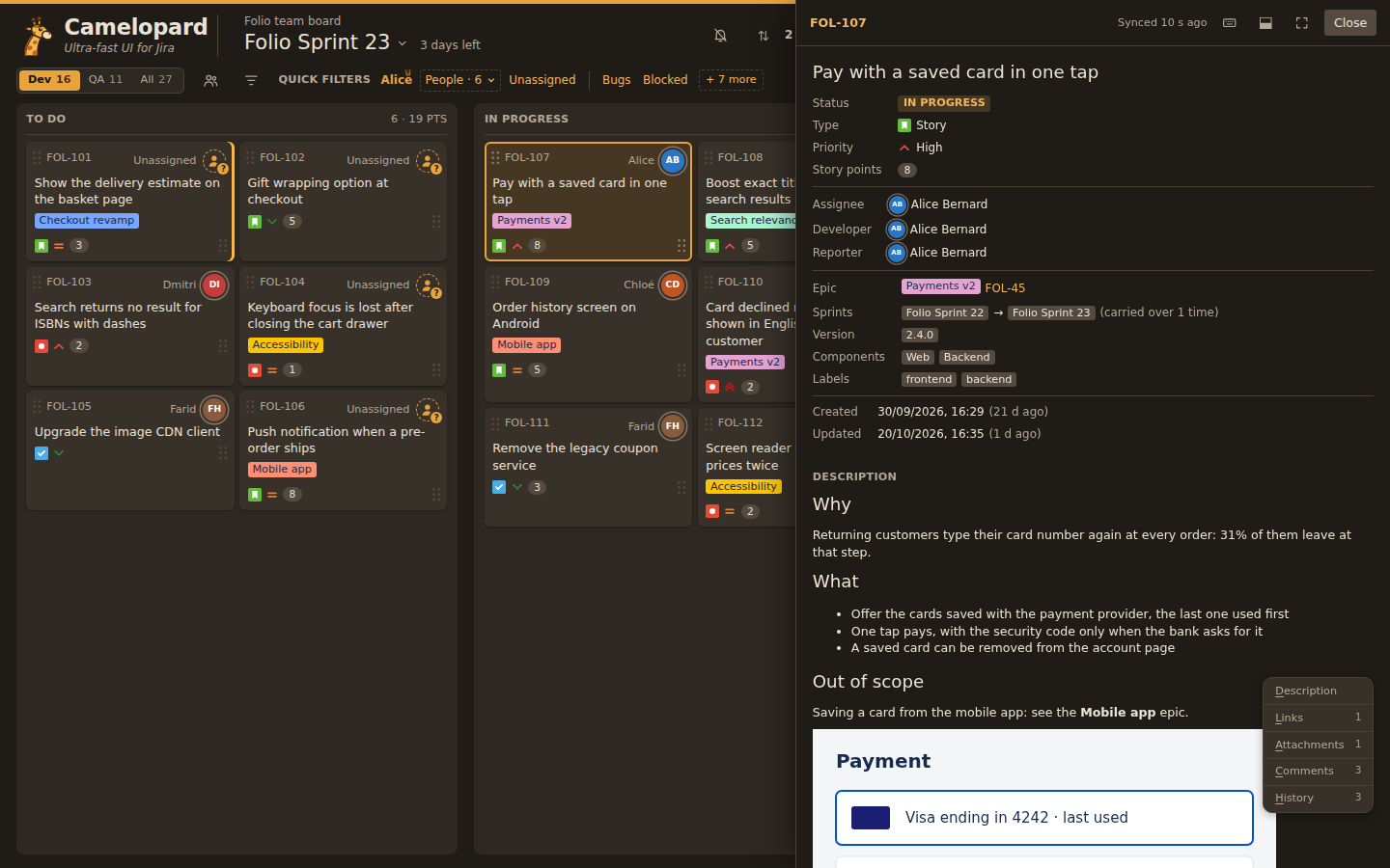 The detail panel of an issue: status, type, priority, people, epic, sprint and description.