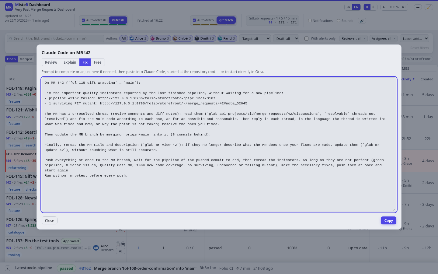 The AI dialog showing the fix prompt of a merge request with a failed pipeline and a surviving mutant.