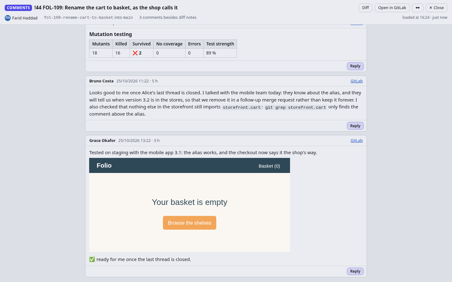 The comments page of a merge request: a mutation testing report, a long comment and one with a screenshot.