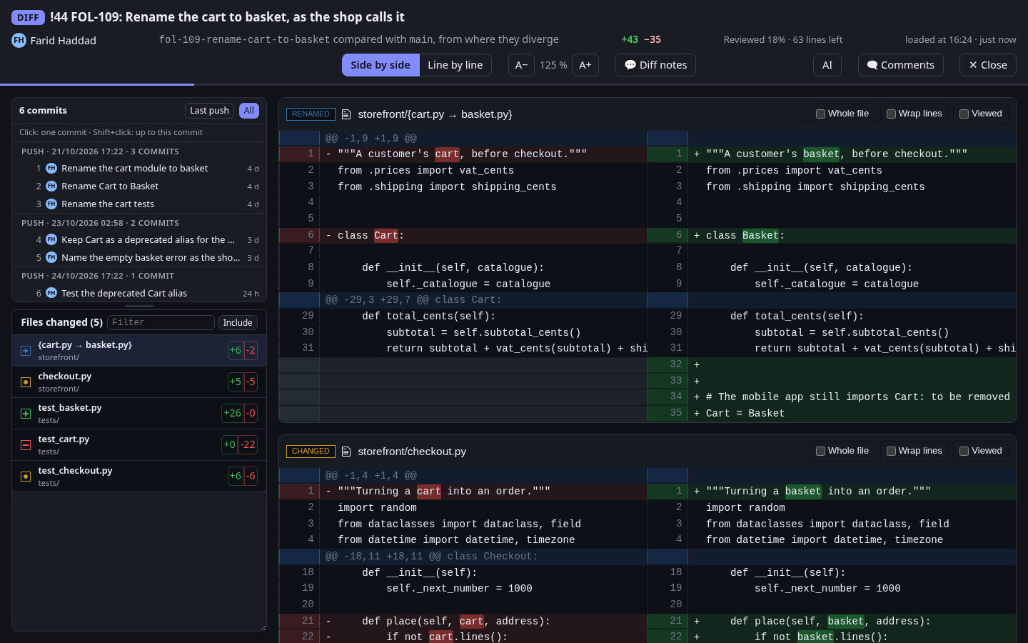 The diff of a merge request in the dark theme.