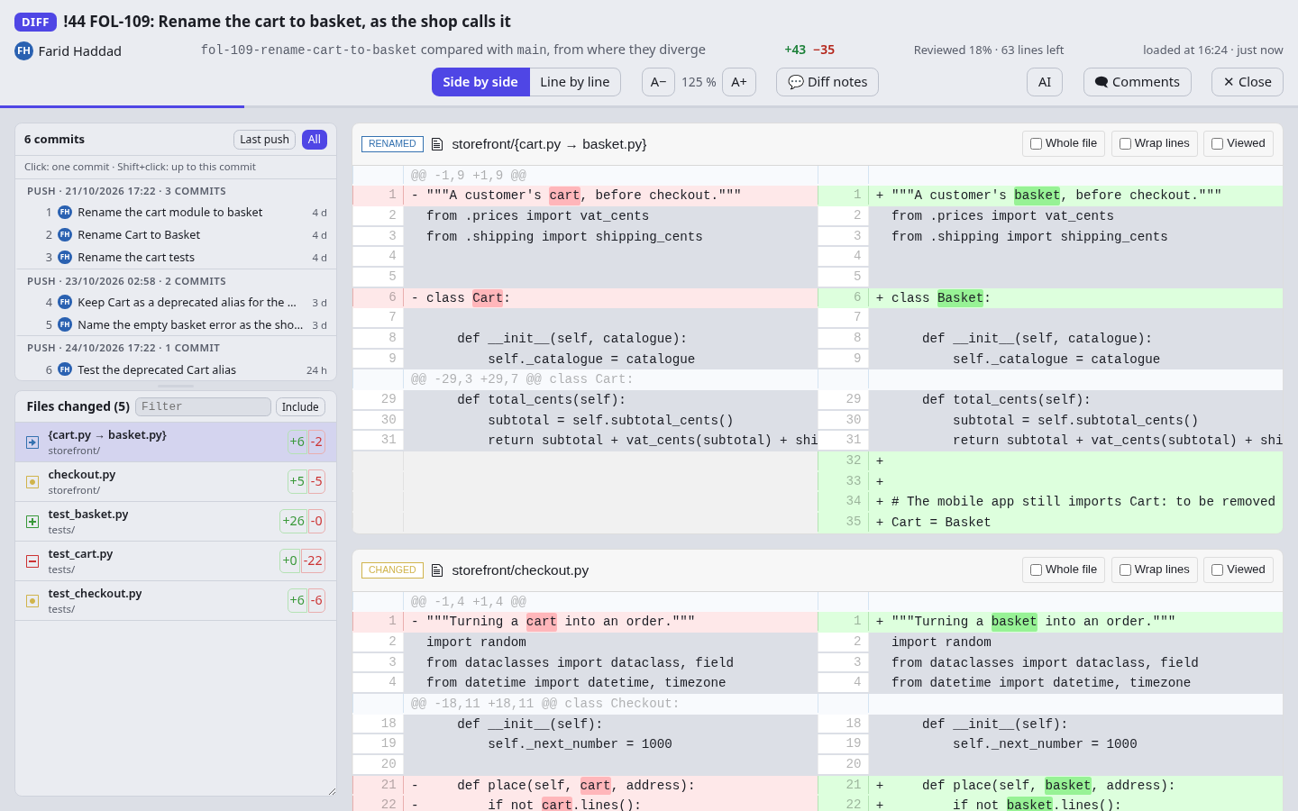 The diff of a merge request side by side, with its pushes, its files and a renamed file.